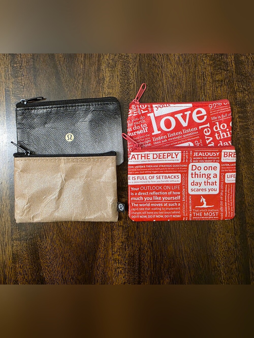 lululemon athletica Red Text Zip Card Holder & Black and Tan Pouches
